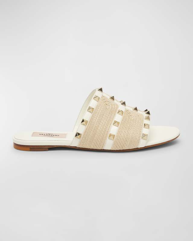 Rockstud Raffia Flat Slide Sandals